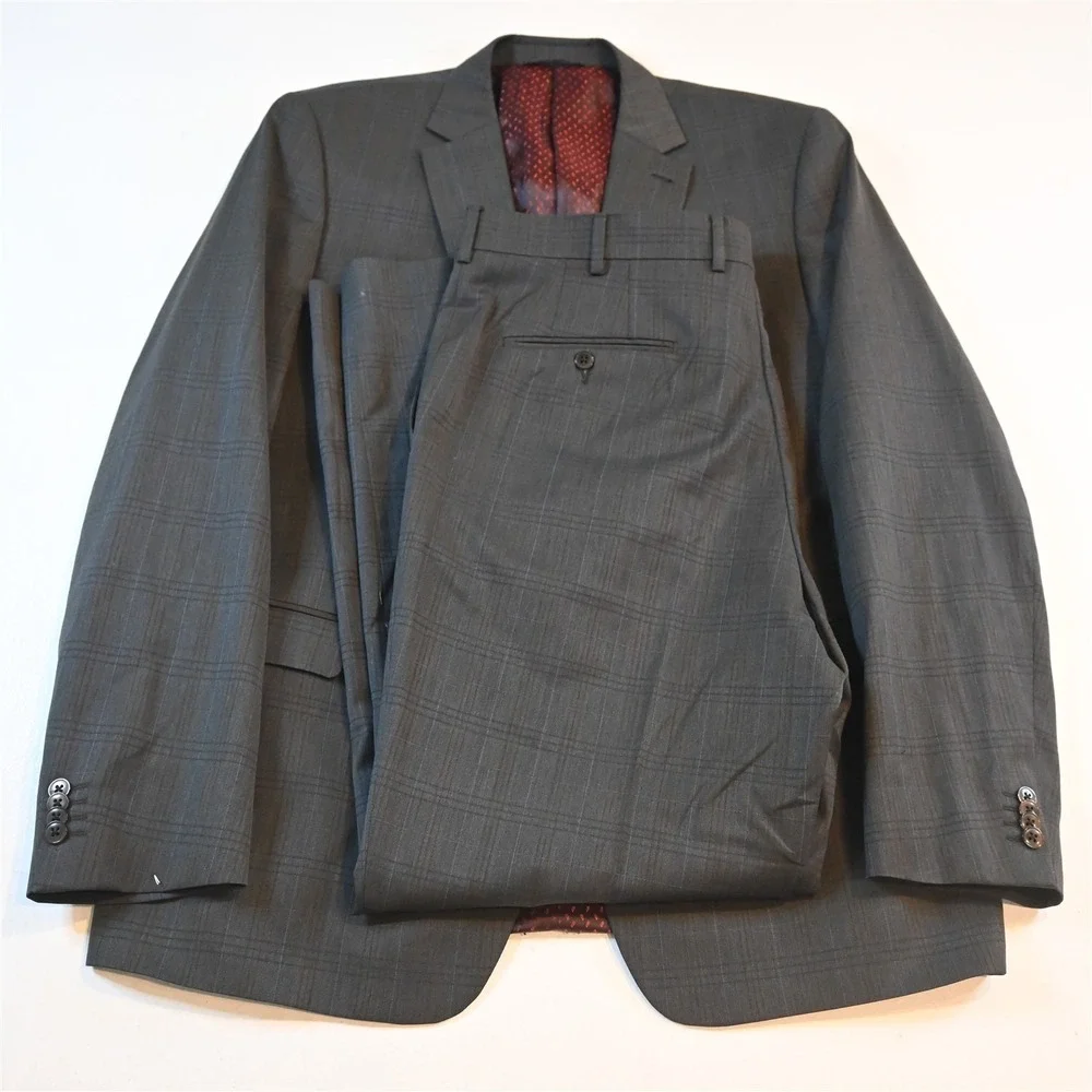 S Cohen 46L 38x32 Brown Gray Windowpane Wool‎ Zip Pocket Mens Jacket Pants Suit